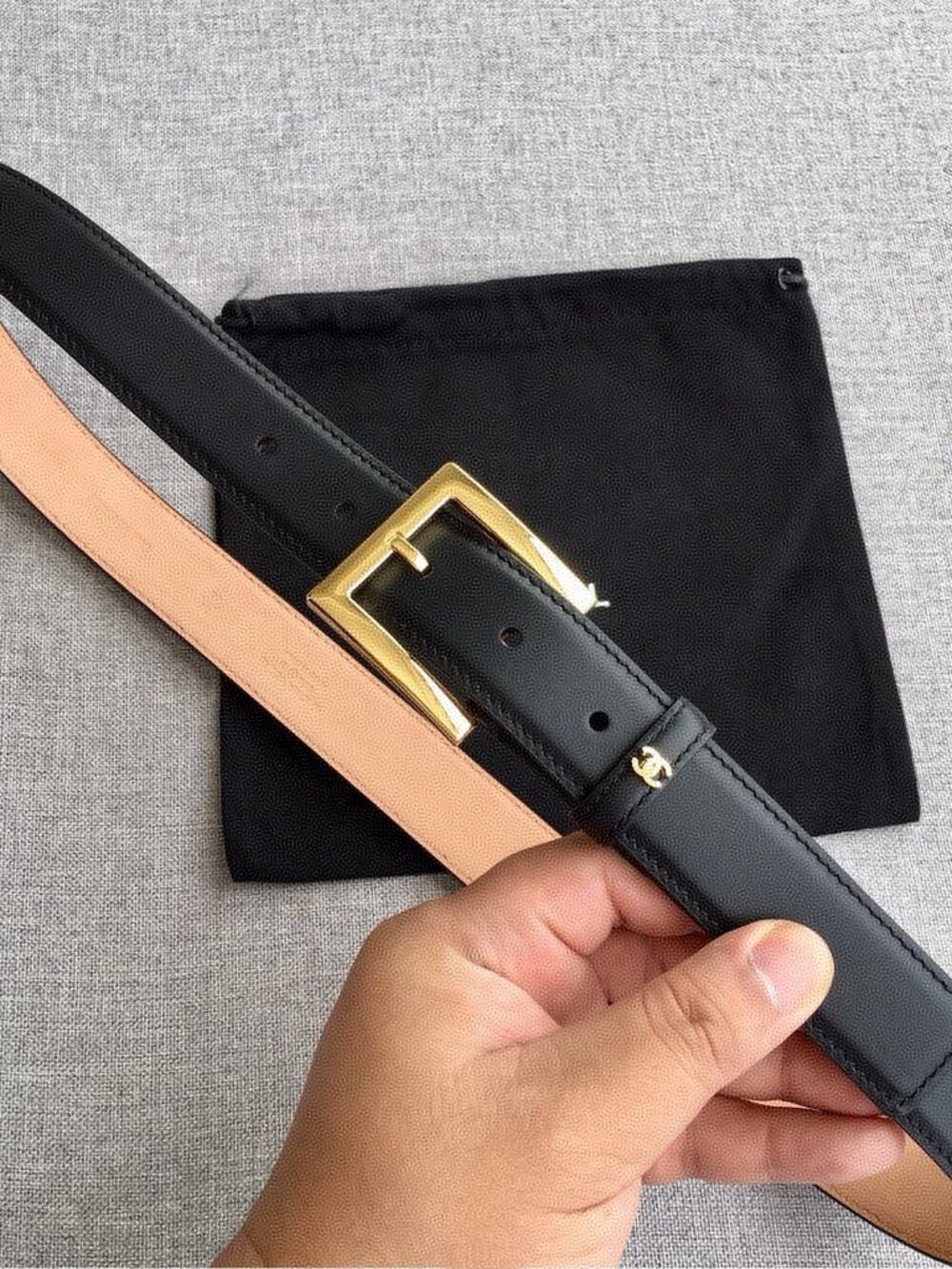 CHANEL Black Leather Pin Buckle Belt, Gold Hardware, 30mm One Size Adjustable
